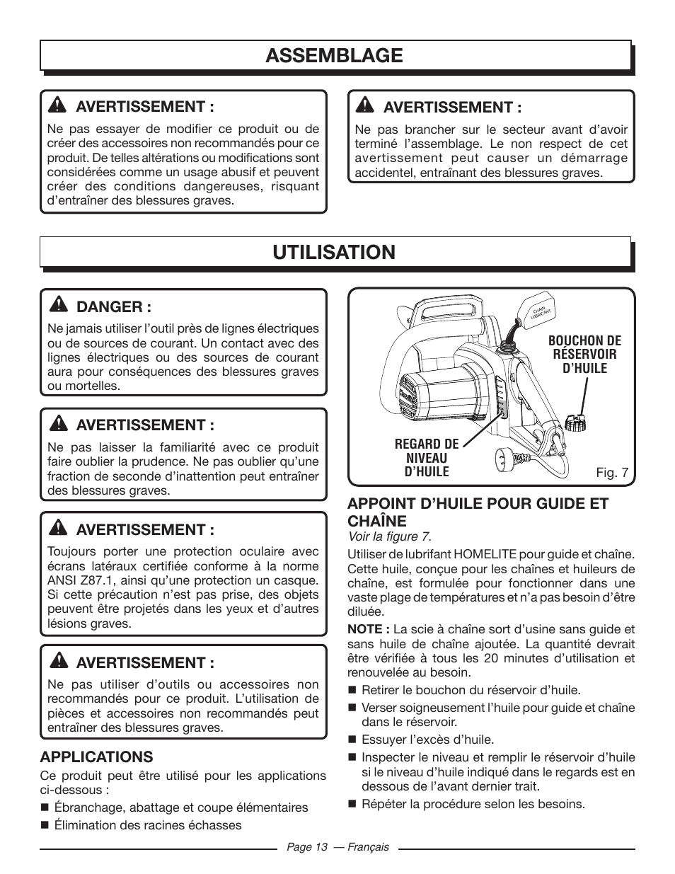 Assemblage, Utilisation, Avertissement | Danger, Applications, Appoint d’huile pour guide et chaîne | Homelite UT43122 User Manual | Page 41 / 88