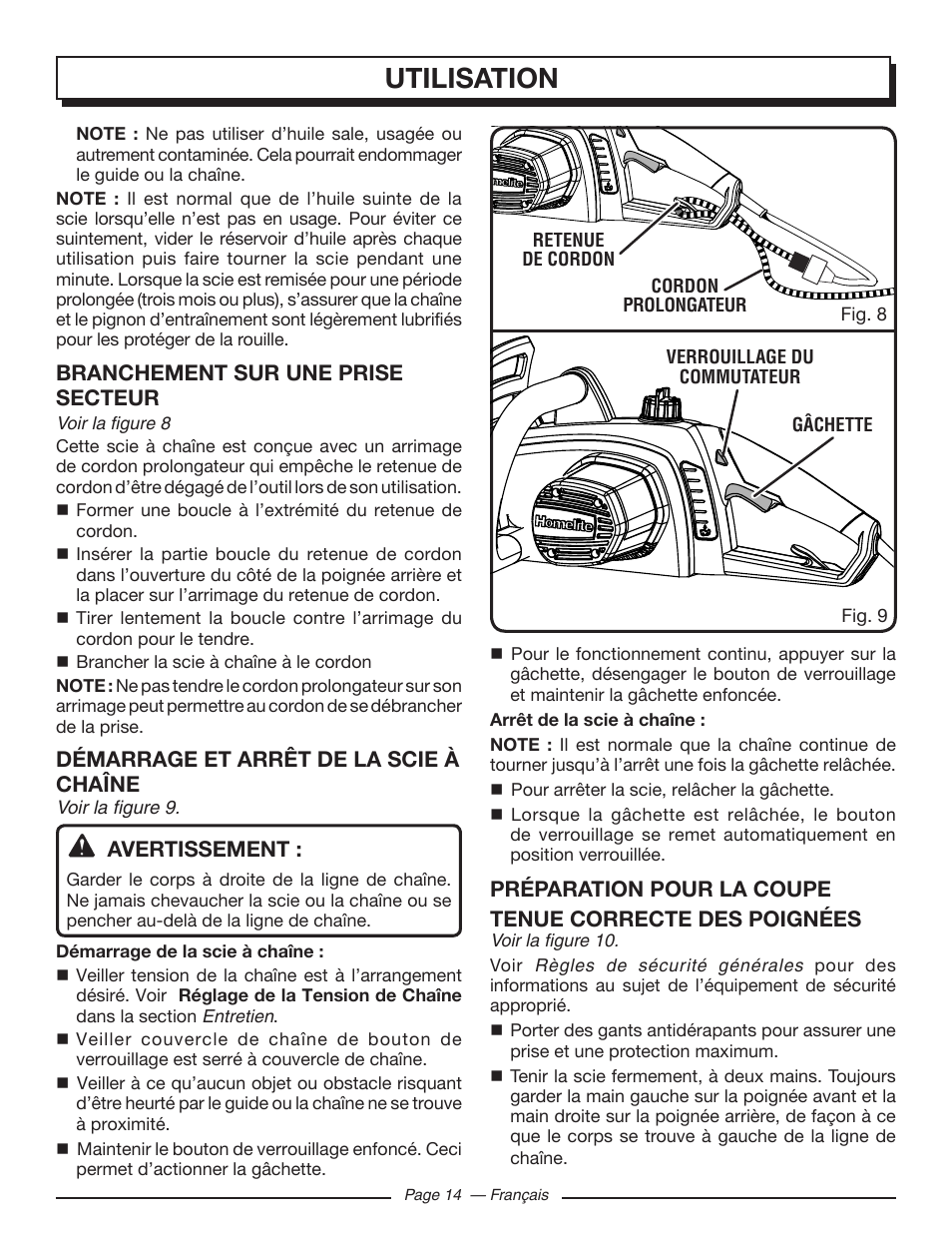 Utilisation, Branchement sur une prise secteur, Démarrage et arrêt de la scie à chaîne | Avertissement | Homelite UT43122 User Manual | Page 42 / 88