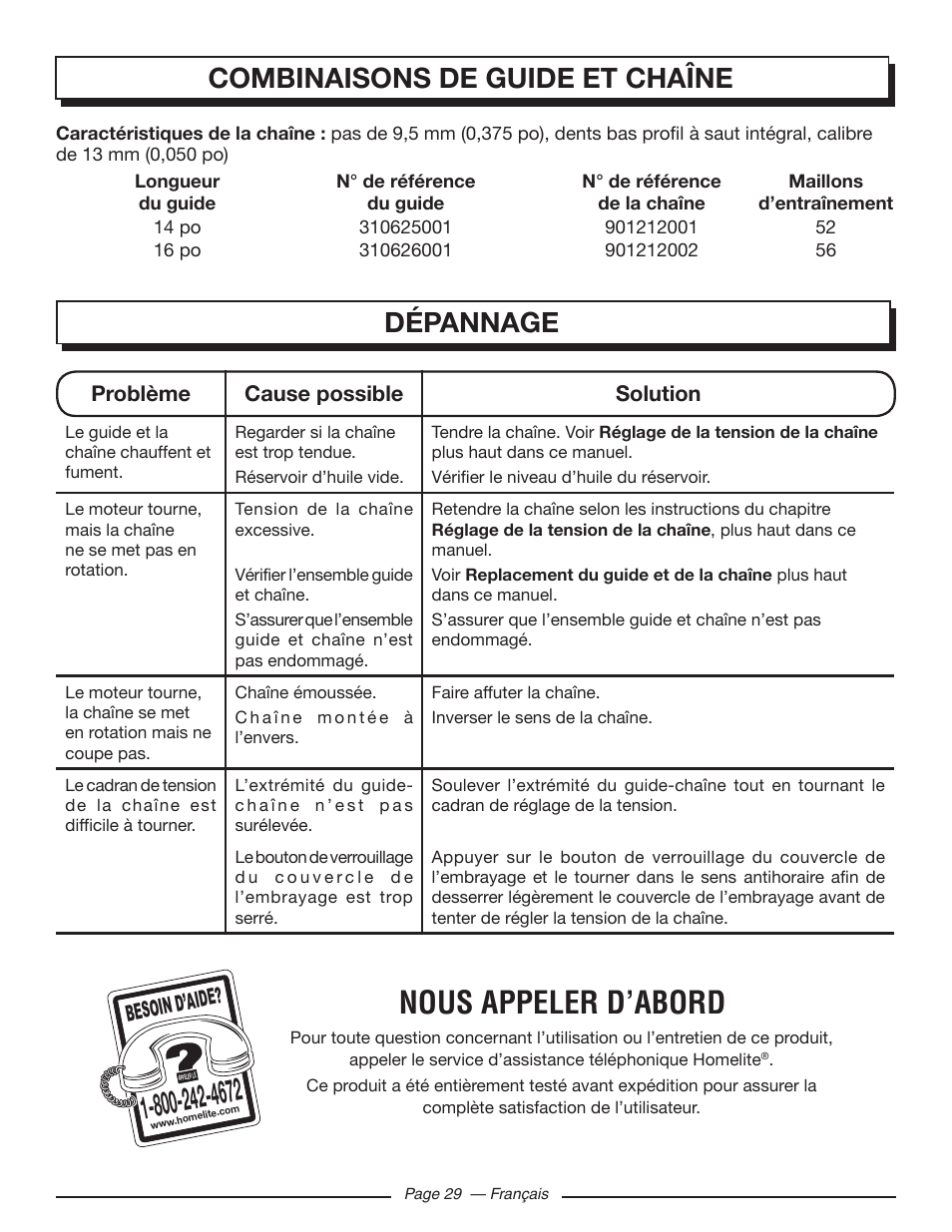 Nous appeler d’abord, Combinaisons de guide et chaîne, Dépannage | Besoin d’aid e | Homelite UT43122 User Manual | Page 57 / 88