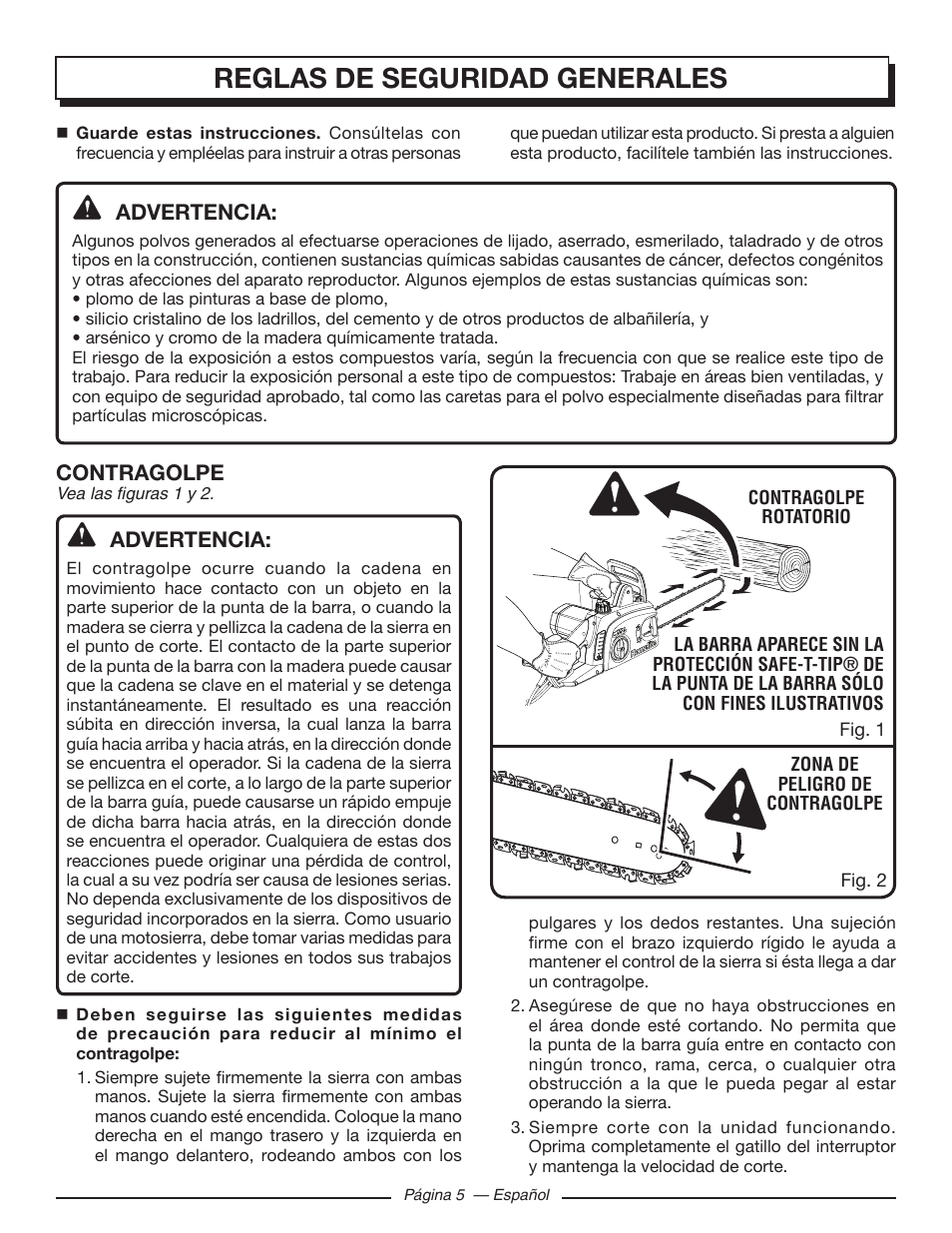 Reglas de seguridad generales, Advertencia, Contragolpe | Homelite UT43122 User Manual | Page 61 / 88