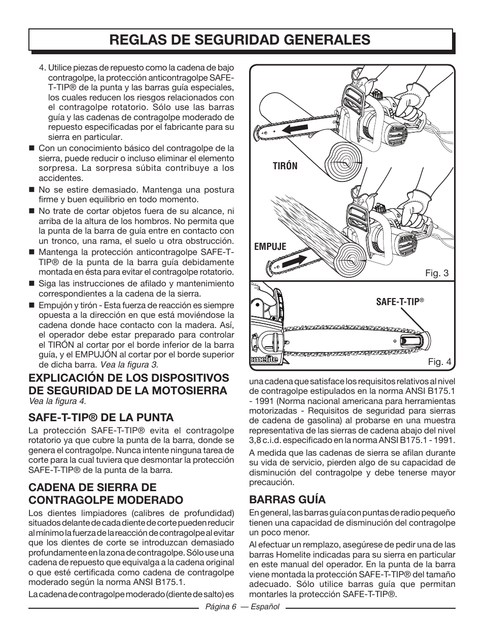 Reglas de seguridad generales, Safe-t-tip® de la punta, Cadena de sierra de contragolpe moderado | Barras guía | Homelite UT43122 User Manual | Page 62 / 88