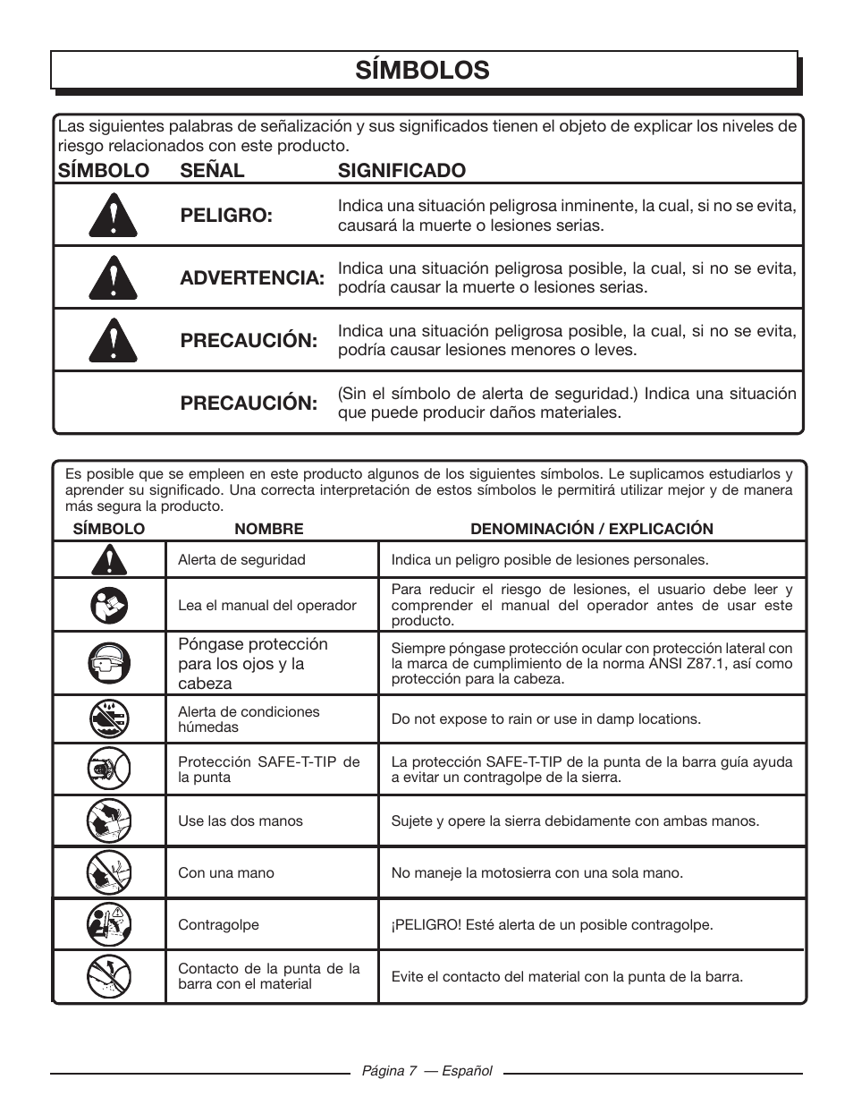 Símbolos, Símbolo señal significado peligro, Advertencia | Precaución | Homelite UT43122 User Manual | Page 63 / 88