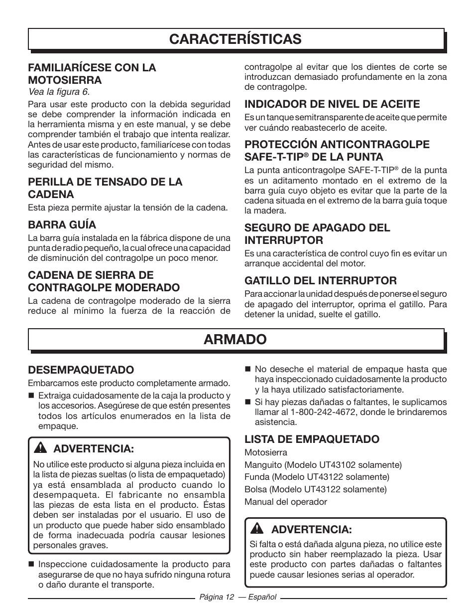 Características, Armado | Homelite UT43122 User Manual | Page 68 / 88