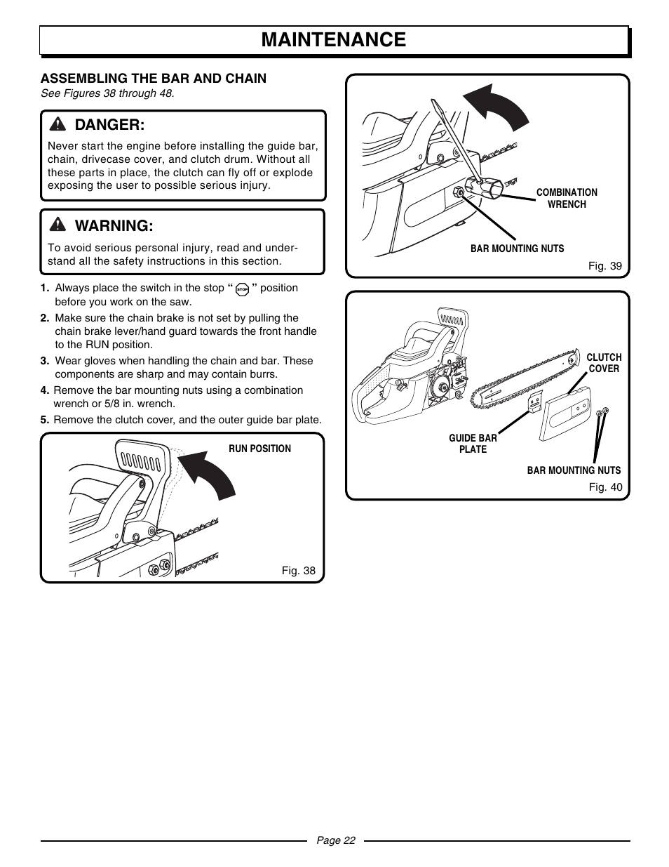 Maintenance, Danger, Warning | Homelite UT10530 User Manual | Page 22 / 36