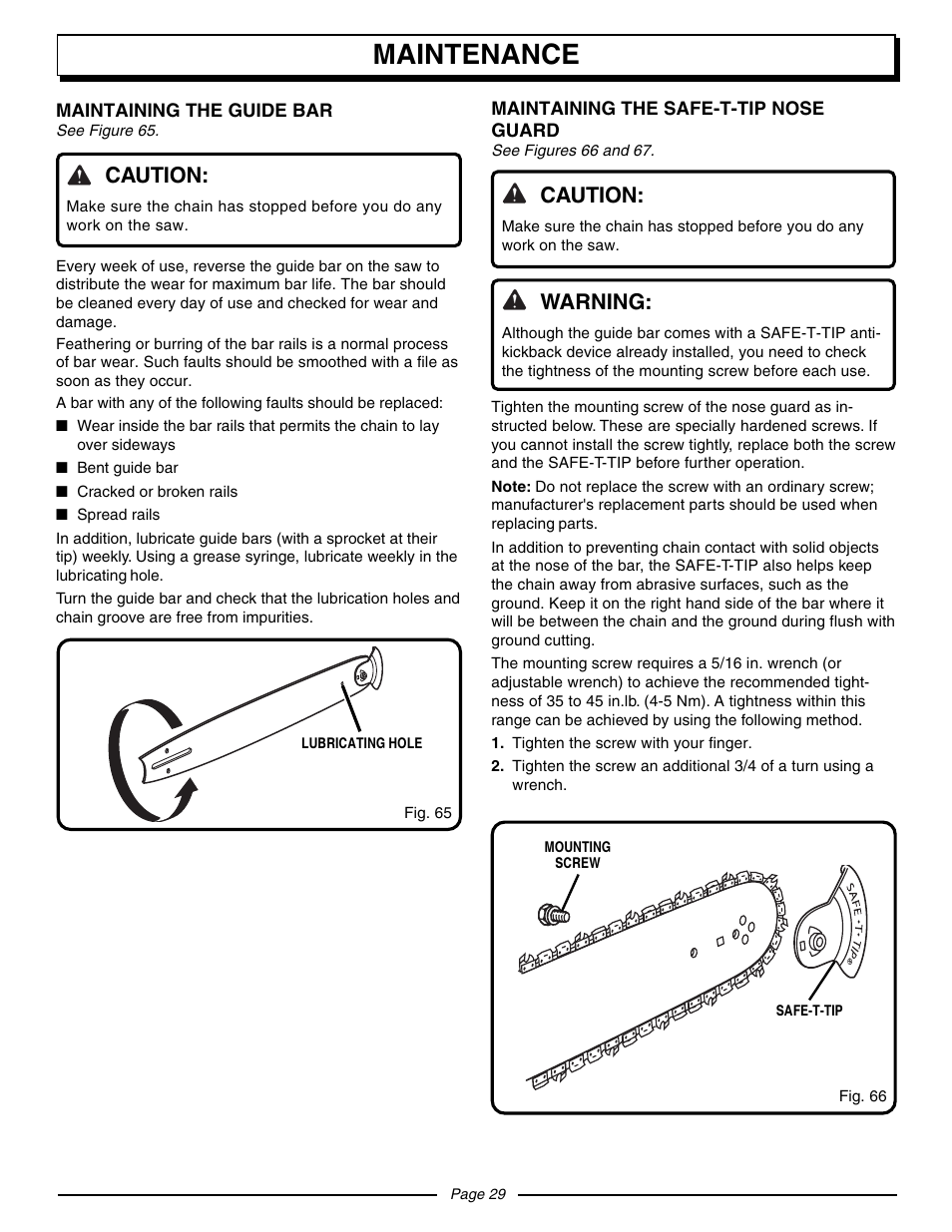Maintenance, Caution, Warning | Homelite UT10530 User Manual | Page 29 / 36