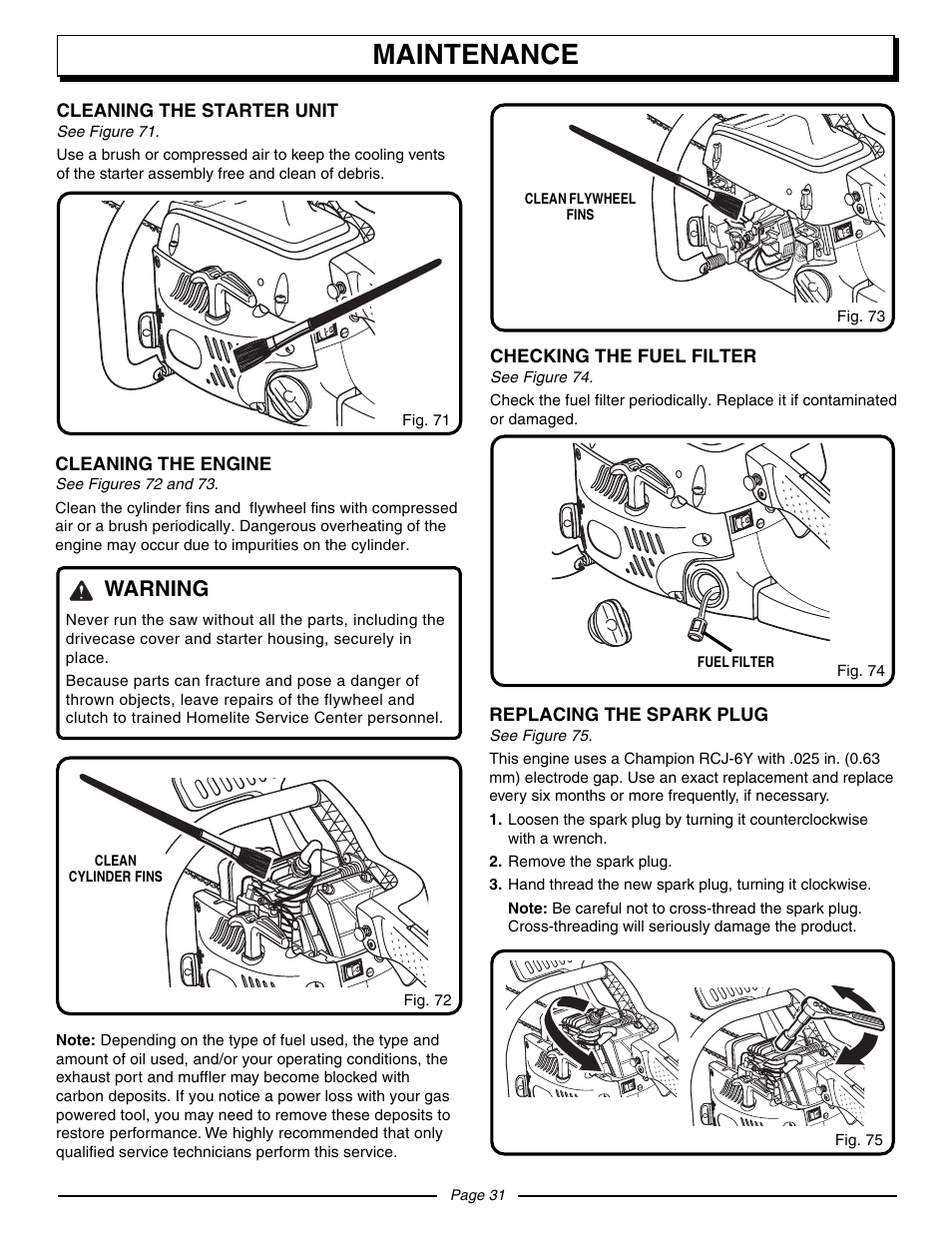 Maintenance, Warning | Homelite UT10530 User Manual | Page 31 / 36