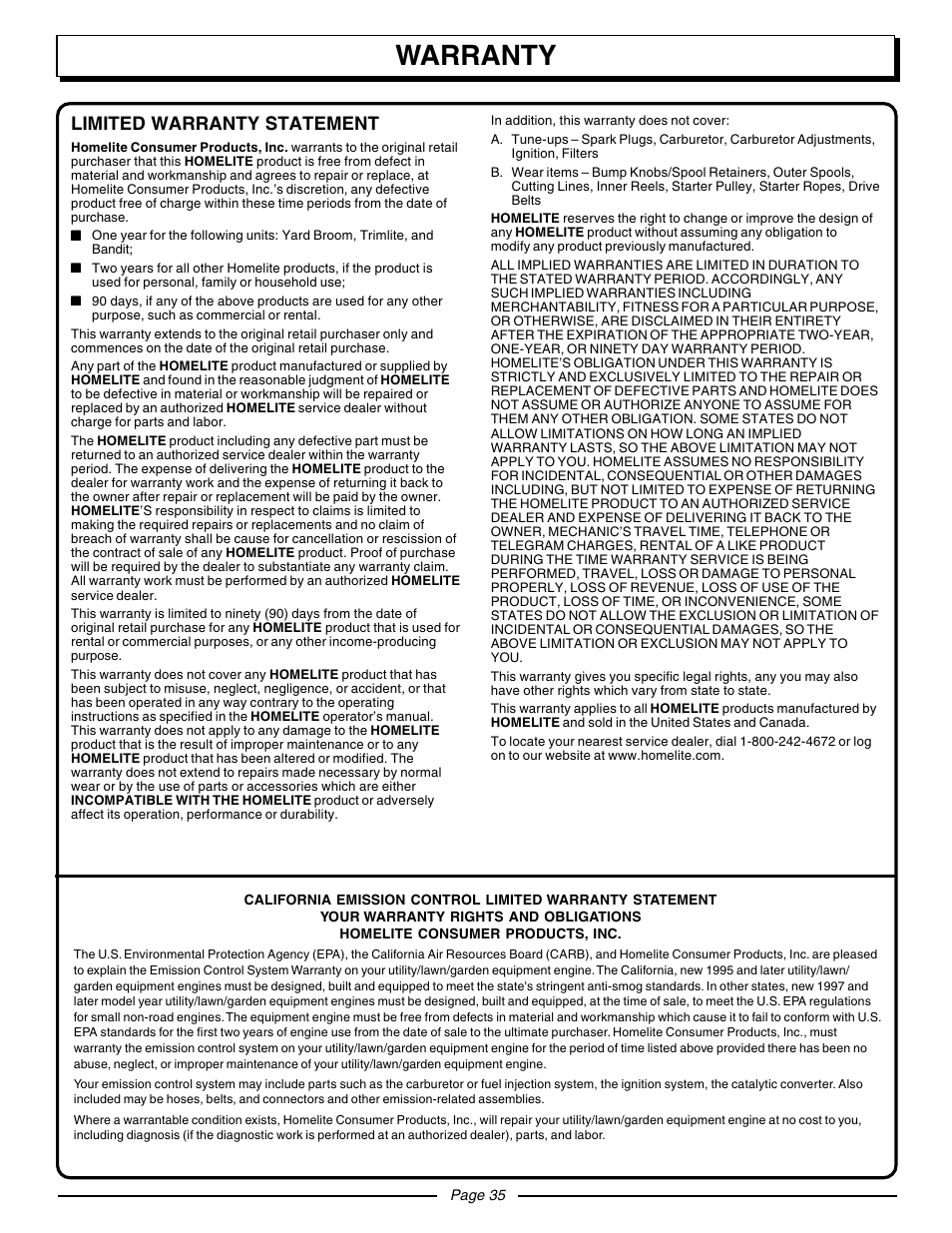 Warranty, Limited warranty statement | Homelite UT10530 User Manual | Page 35 / 36