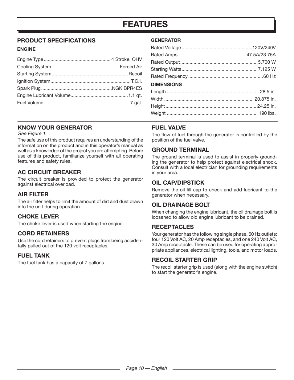 Features | Homelite HGCA5700 User Manual | Page 14 / 60