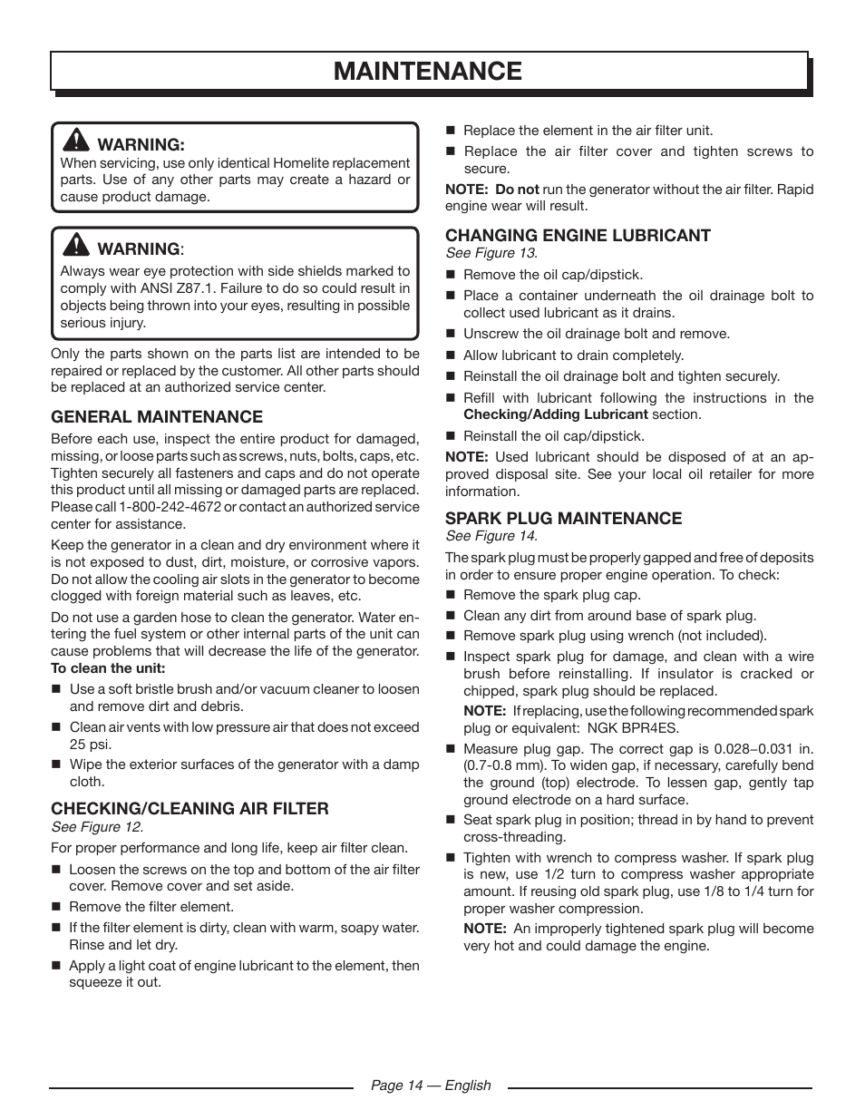 Maintenance | Homelite HGCA5700 User Manual | Page 18 / 60