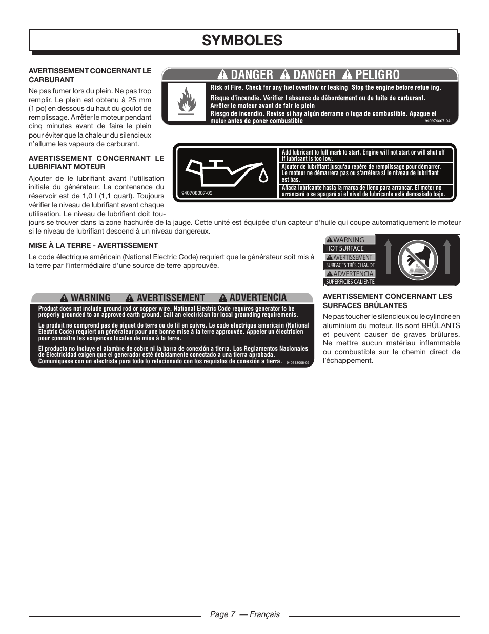 Symboles, Warning advertencia avertissement | Homelite HGCA5700 User Manual | Page 29 / 60
