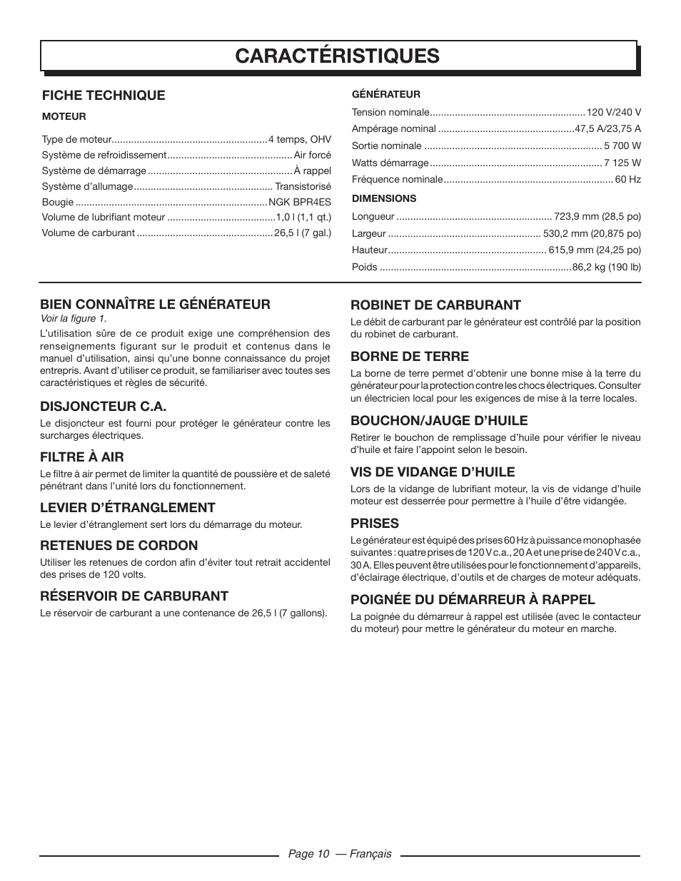 Caractéristiques | Homelite HGCA5700 User Manual | Page 32 / 60