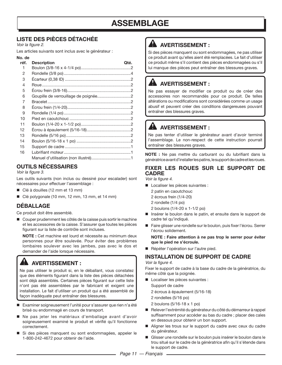 Assemblage, Liste des pièces détachée, Outils nécessaires | Déballage, Avertissement, Fixer les roues sur le support de cadre, Installation de support de cadre | Homelite HGCA5700 User Manual | Page 33 / 60