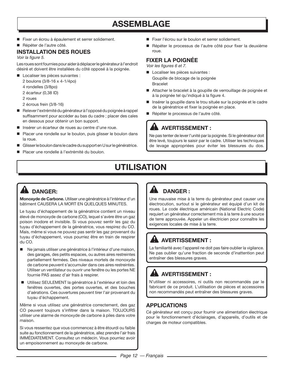 Utilisation assemblage | Homelite HGCA5700 User Manual | Page 34 / 60