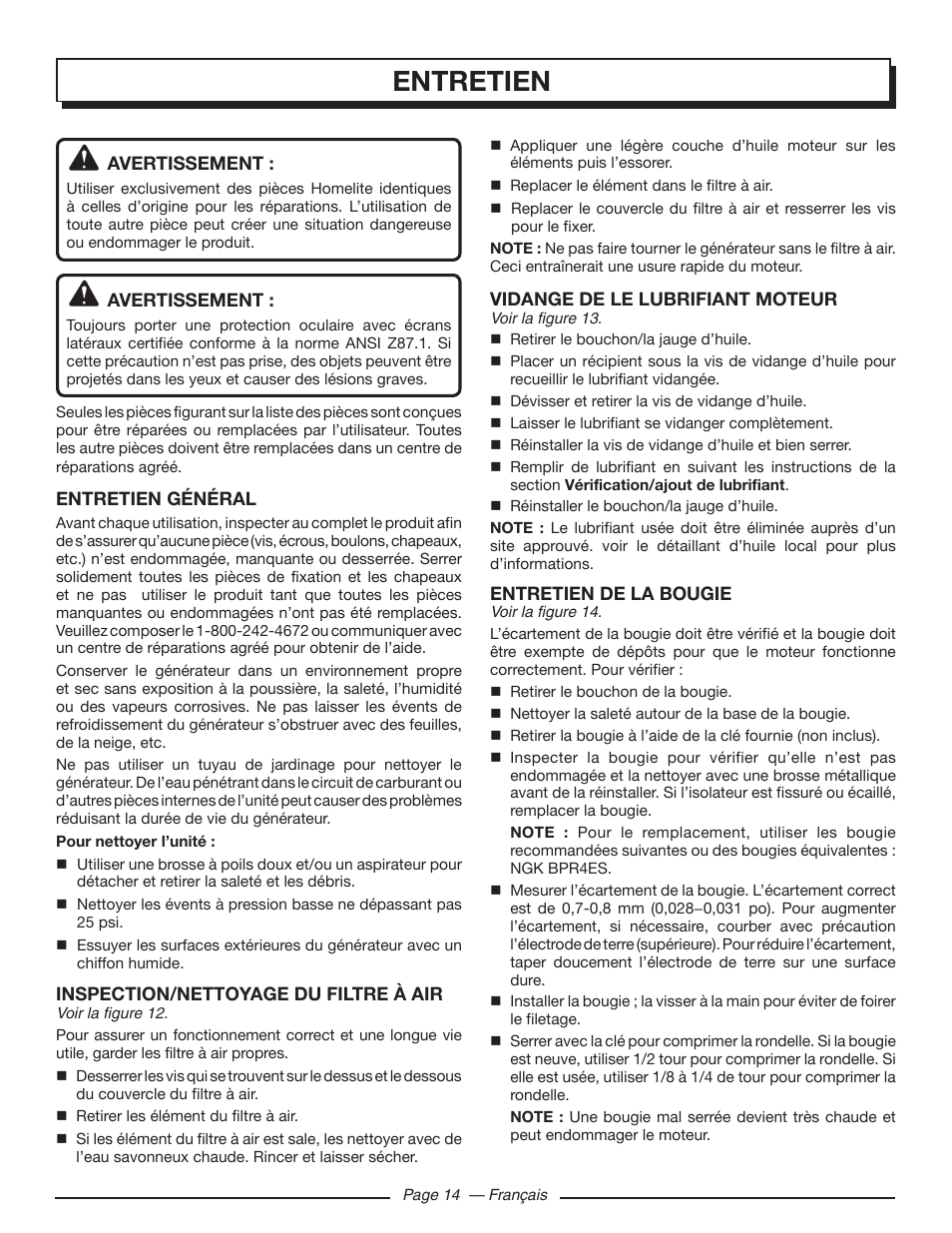 Entretien | Homelite HGCA5700 User Manual | Page 36 / 60