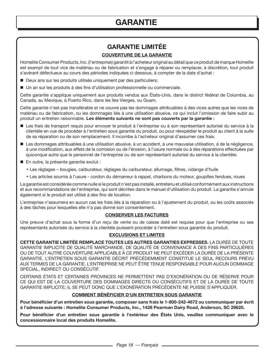 Garantie, Garantie limitée | Homelite HGCA5700 User Manual | Page 40 / 60