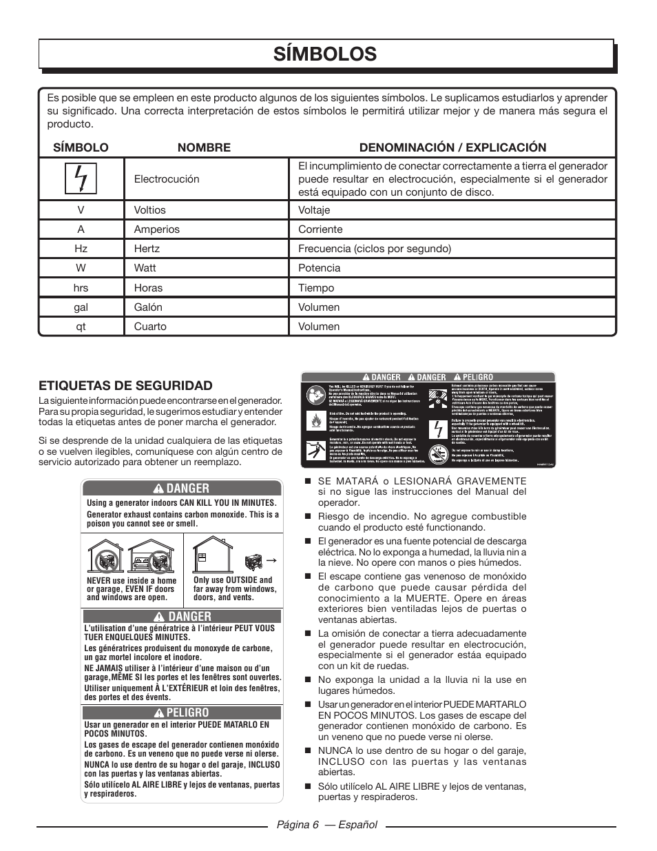 Símbolos, Etiquetas de seguridad | Homelite HGCA5700 User Manual | Page 46 / 60