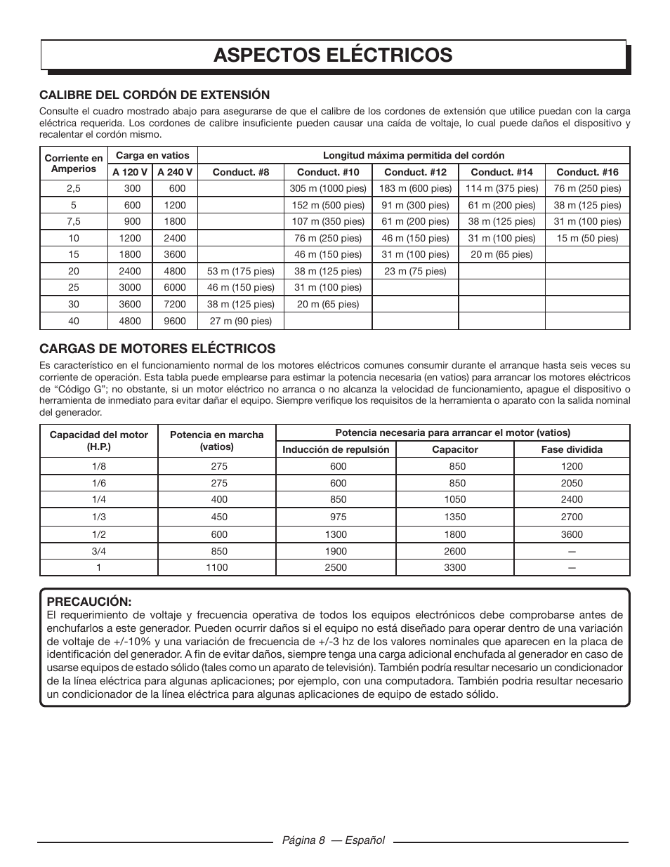 Aspectos eléctricos, Cargas de motores eléctricos | Homelite HGCA5700 User Manual | Page 48 / 60