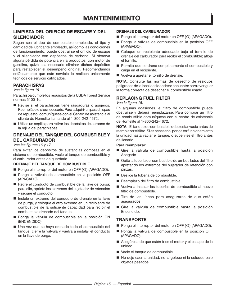 Mantenimiento | Homelite HGCA5700 User Manual | Page 55 / 60