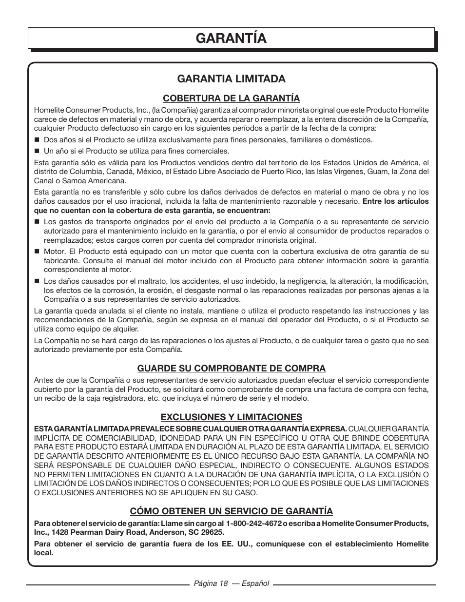 Garantía, Garantia limitada | Homelite HGCA5700 User Manual | Page 58 / 60