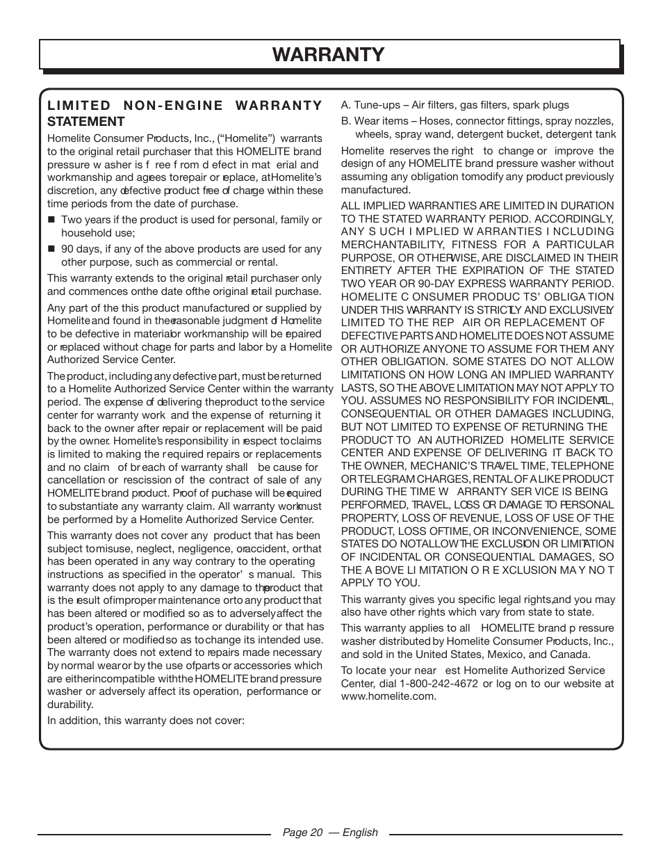 Warranty | Homelite UT80709 User Manual | Page 26 / 66