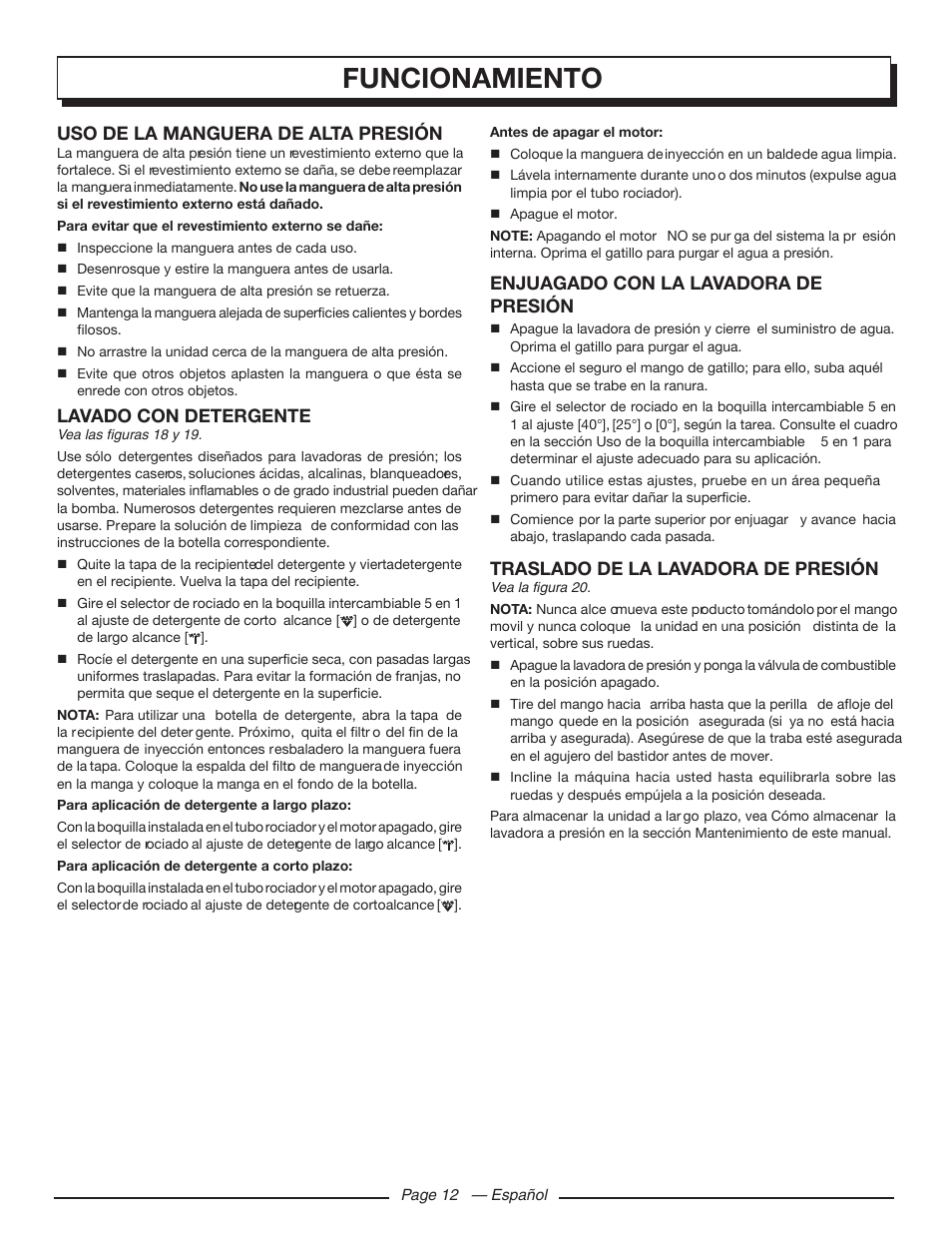 Funcionamiento, Uso de la manguera de alta presión, Lavado con detergente | Enjuagado con la lavadora de presión, Traslado de la lavadora de presión | Homelite UT80709 User Manual | Page 56 / 66