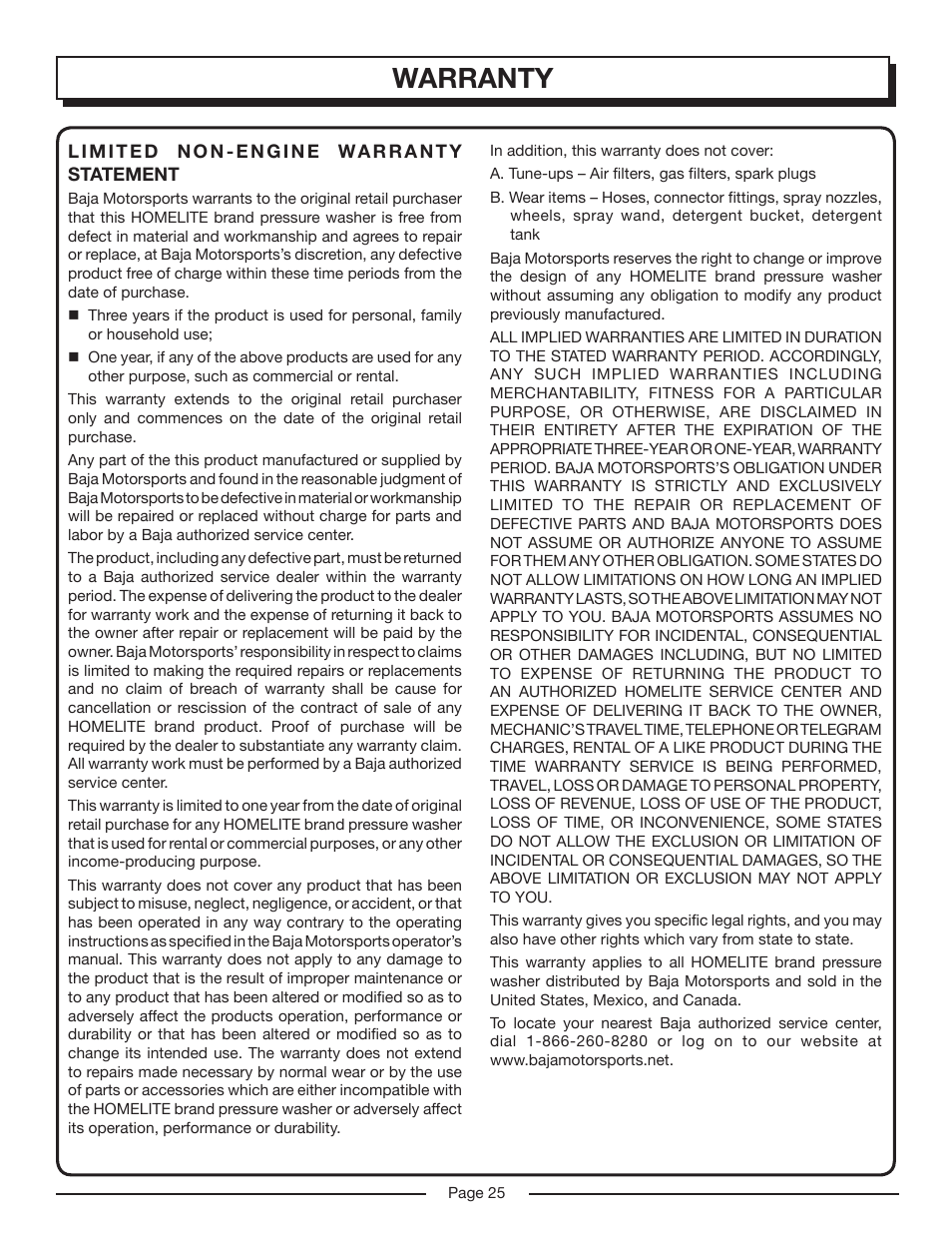 Warranty | Homelite HP3127S User Manual | Page 25 / 26