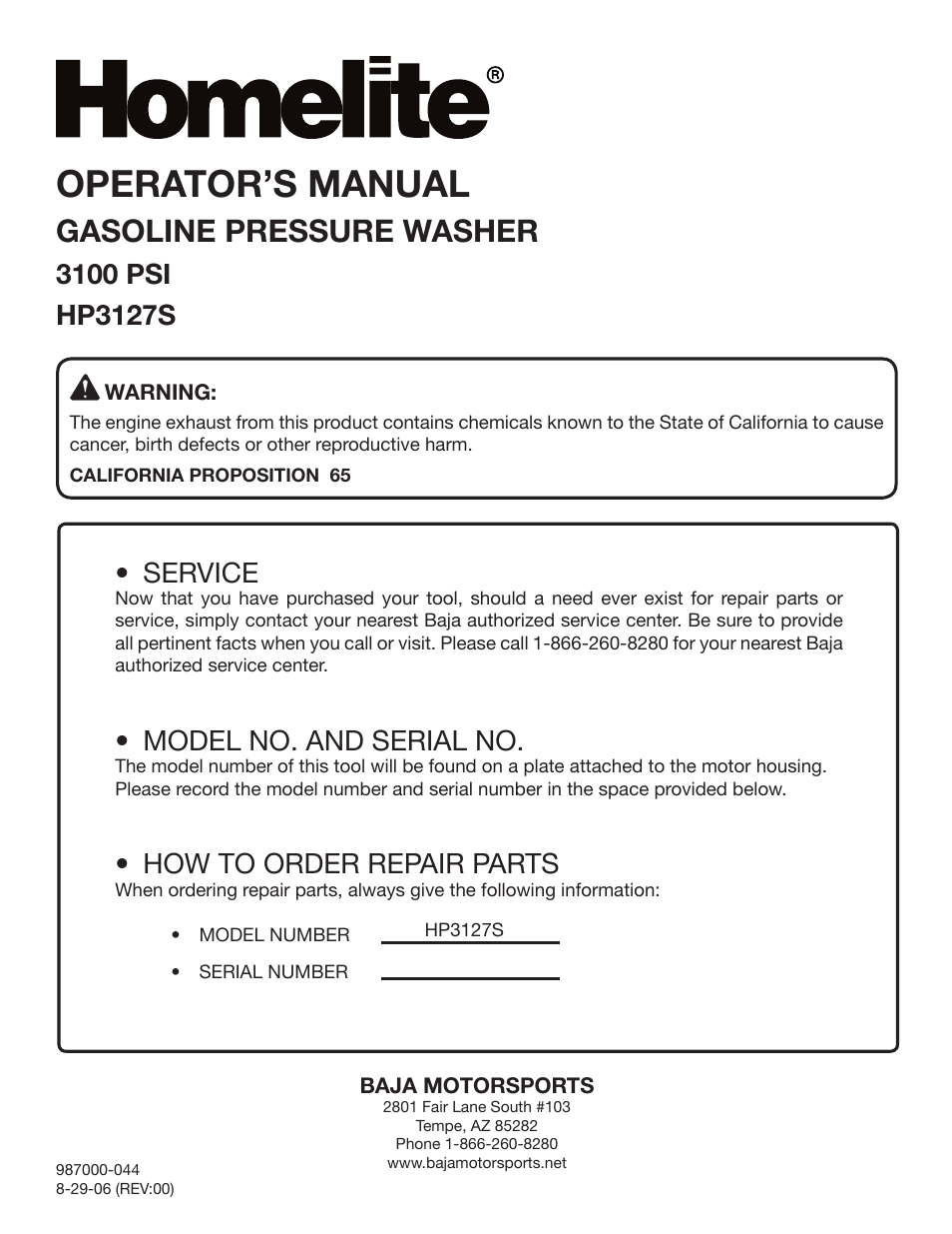 Operator’s manual, Gasoline pressure washer, Service | Model no. and serial no, How to order repair parts | Homelite HP3127S User Manual | Page 26 / 26