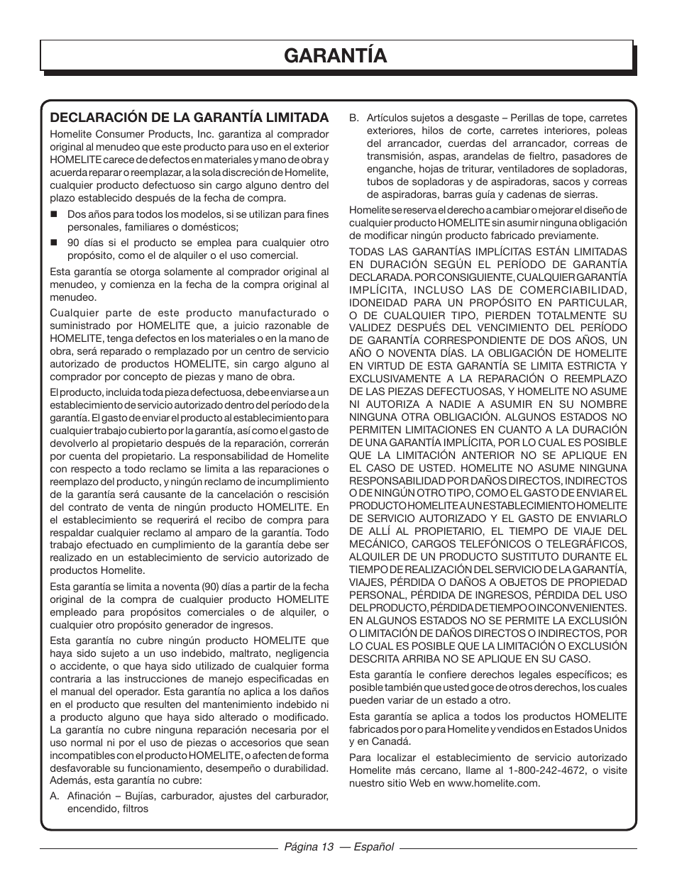 Garantía | Homelite UT41120 User Manual | Page 39 / 40