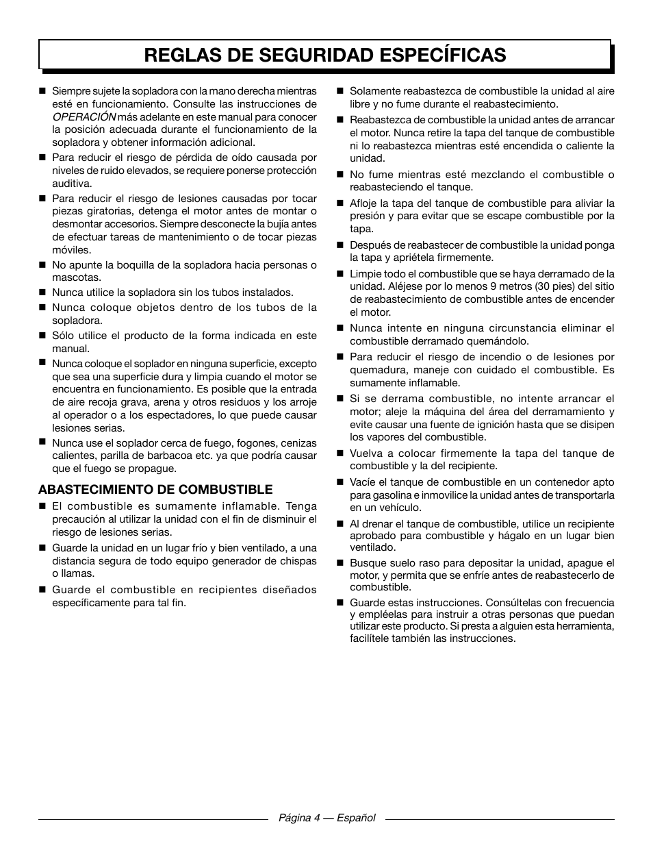 Reglas de seguridad específicas | Homelite UT09521 User Manual | Page 30 / 42