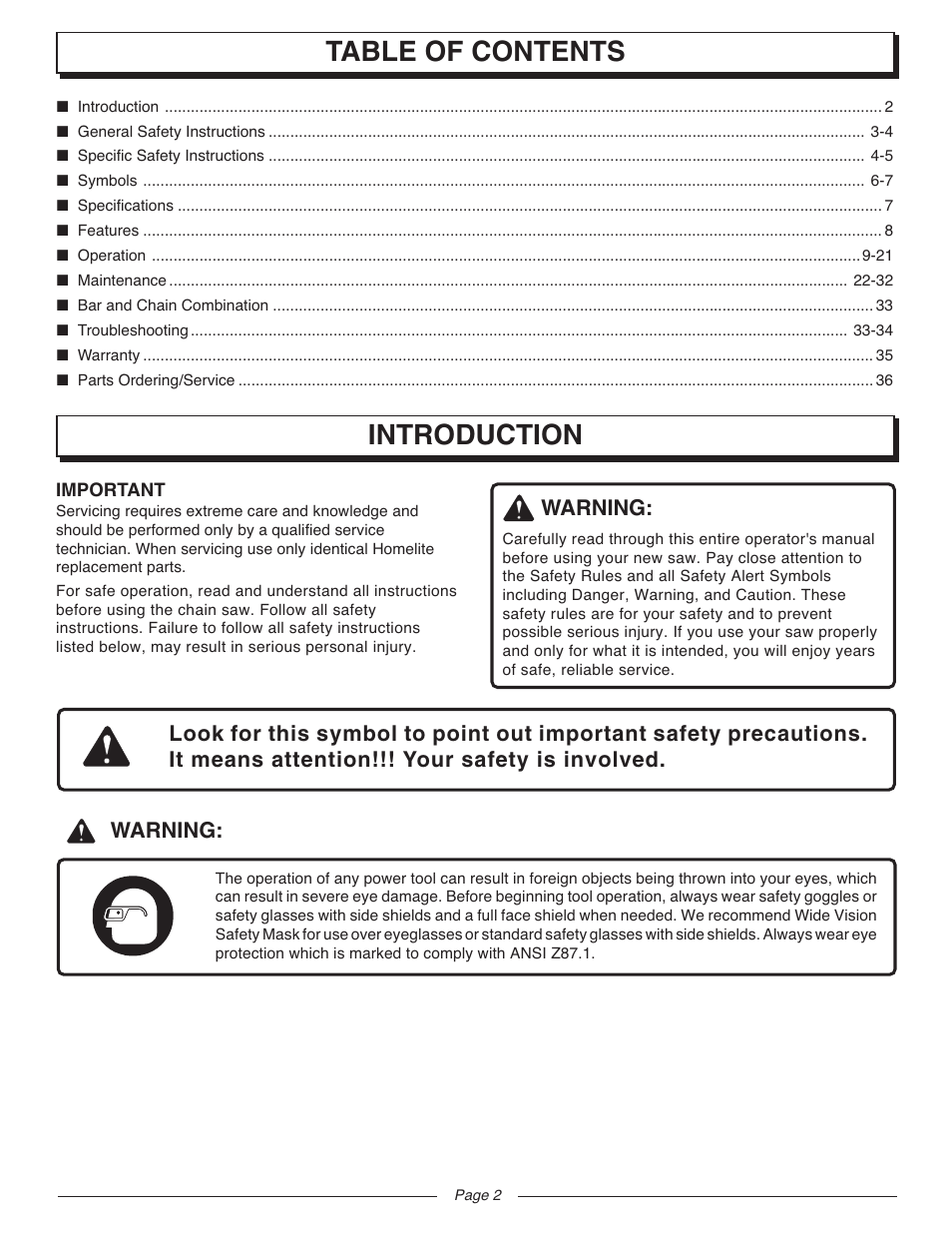 Introduction table of contents | Homelite UT10947D User Manual | Page 2 / 36