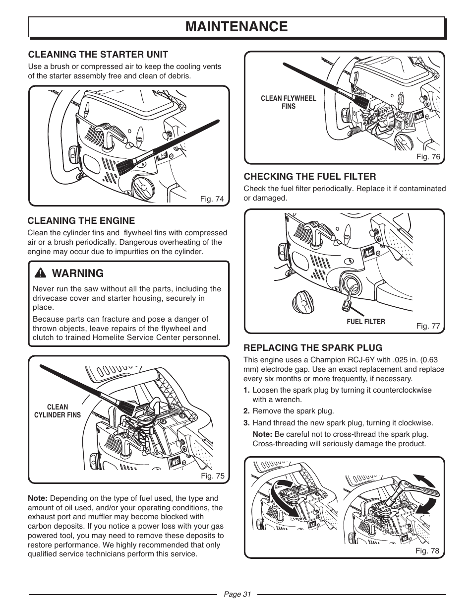 Maintenance, Warning | Homelite UT10947D User Manual | Page 31 / 36