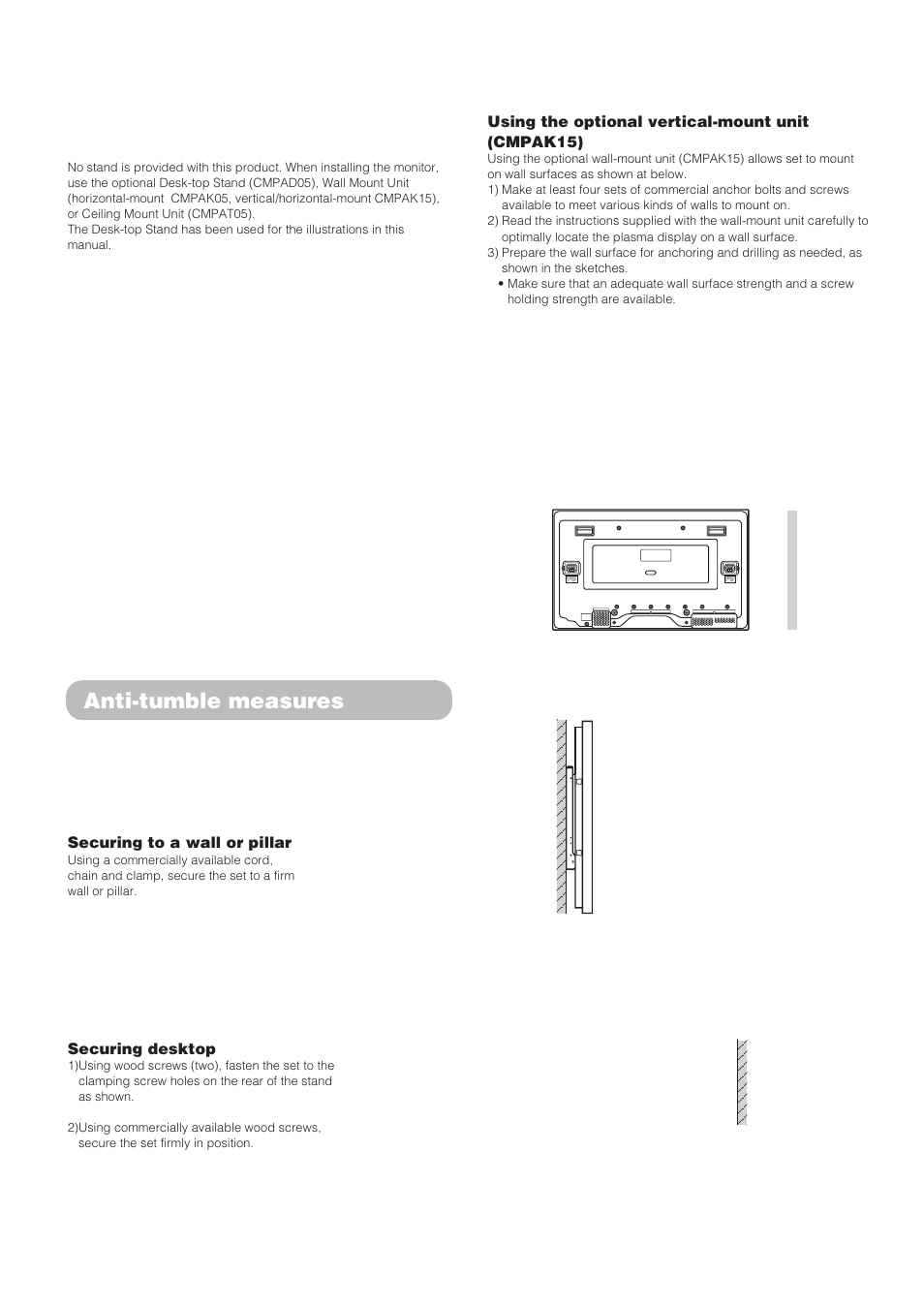 Anti-tumble measures, Securing to a wall or pillar, Securing desktop | Using the optional vertical-mount unit (cmpak15) | Hitachi CMP4202 User Manual | Page 10 / 32