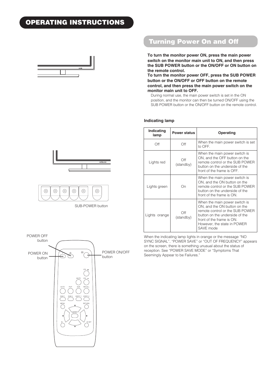 Operating instructions turning power on and off, Indicating lamp | Hitachi CMP4202 User Manual | Page 14 / 32