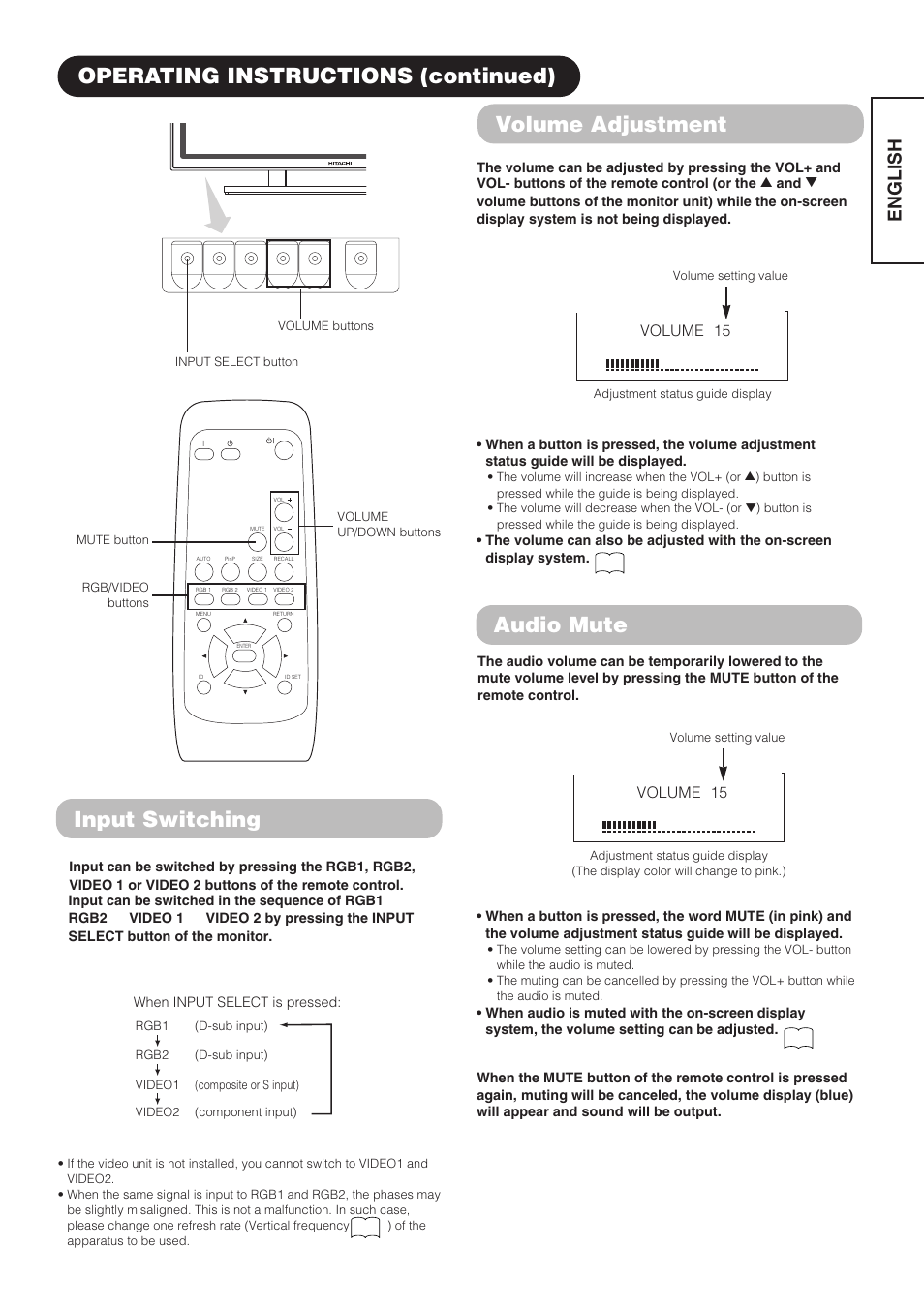 Operating instructions (continued) audio mute, Input switching, Volume adjustment | English, Volume 15 | Hitachi CMP4202 User Manual | Page 15 / 32