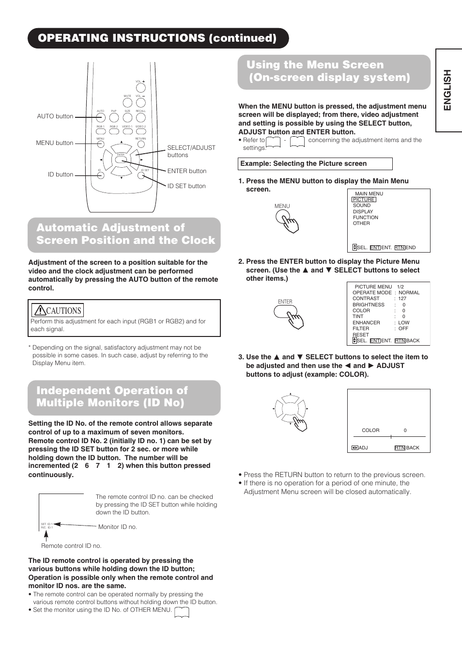 Using the menu screen (on-screen display system), Operating instructions (continued), Independent operation of multiple monitors (id no) | English, Cautions | Hitachi CMP4202 User Manual | Page 17 / 32