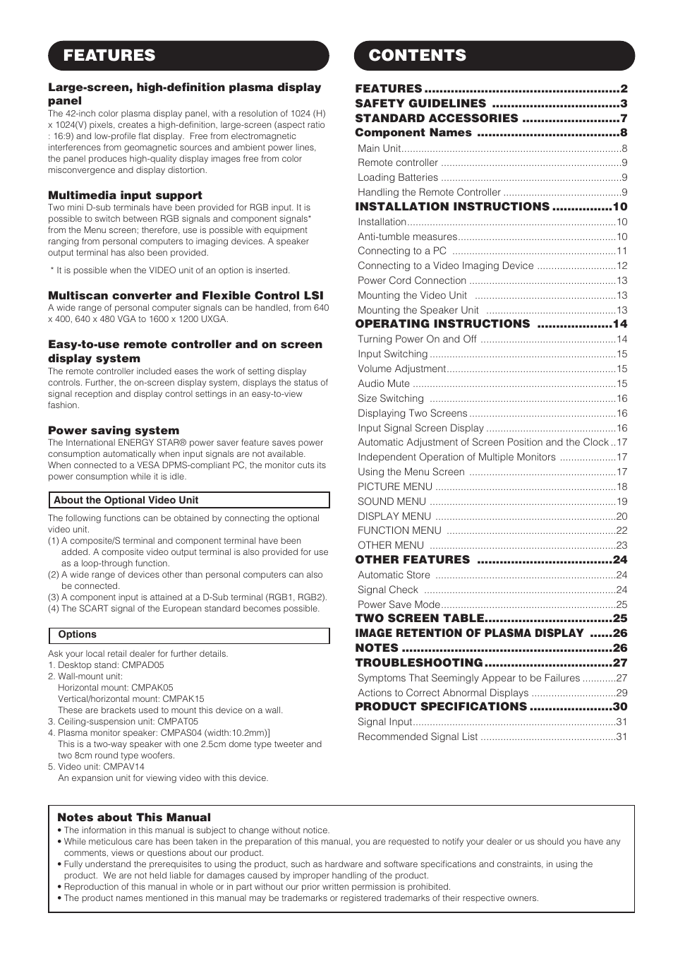 Features contents | Hitachi CMP4202 User Manual | Page 2 / 32