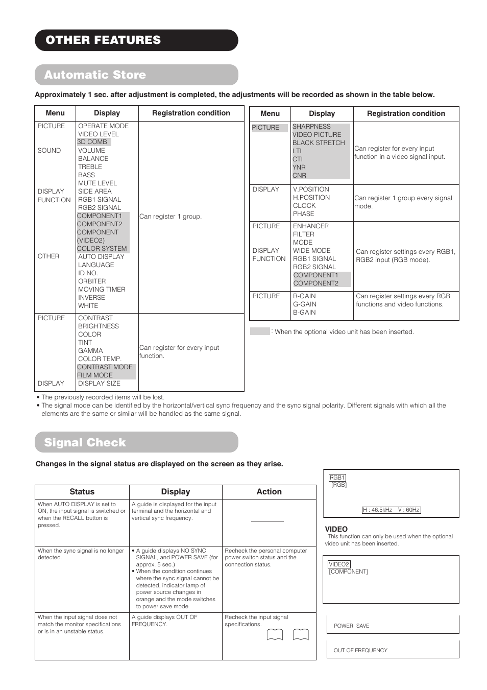 Other features automatic store, Signal check | Hitachi CMP4202 User Manual | Page 24 / 32