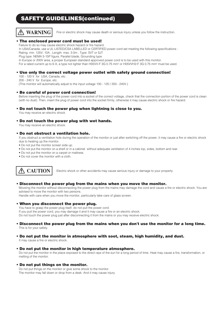 Safety guidelines(continued), Warning, Caution | Hitachi CMP4202 User Manual | Page 4 / 32