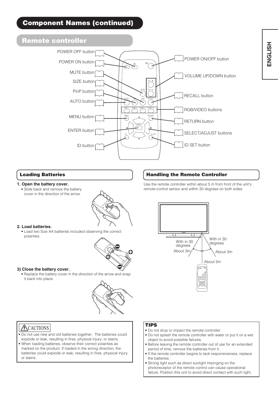 Remote controller, Component names (continued), English | Cautions, Loading batteries, Tips, Handling the remote controller | Hitachi CMP4202 User Manual | Page 9 / 32