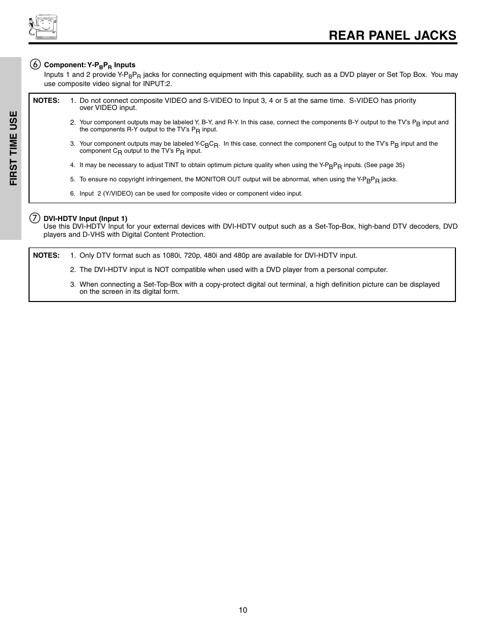 Rear panel jacks, First time use | Hitachi 51G500S User Manual | Page 10 / 72