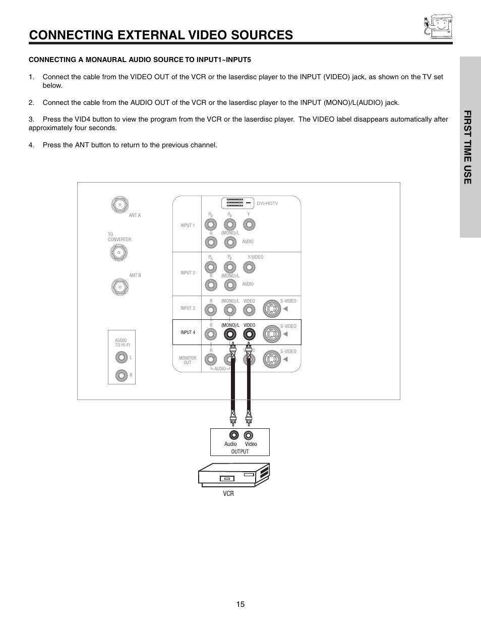 Connecting external video sources, First time use | Hitachi 51G500S User Manual | Page 15 / 72