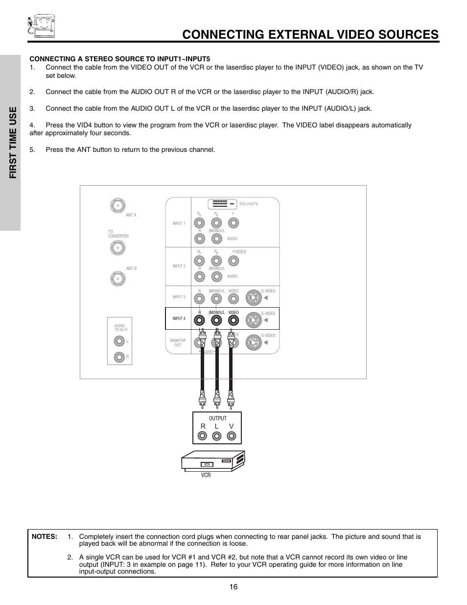 Connecting external video sources, First time use | Hitachi 51G500S User Manual | Page 16 / 72