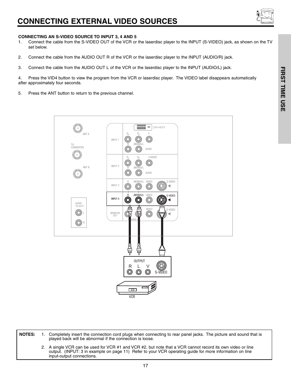 Connecting external video sources, First time use | Hitachi 51G500S User Manual | Page 17 / 72