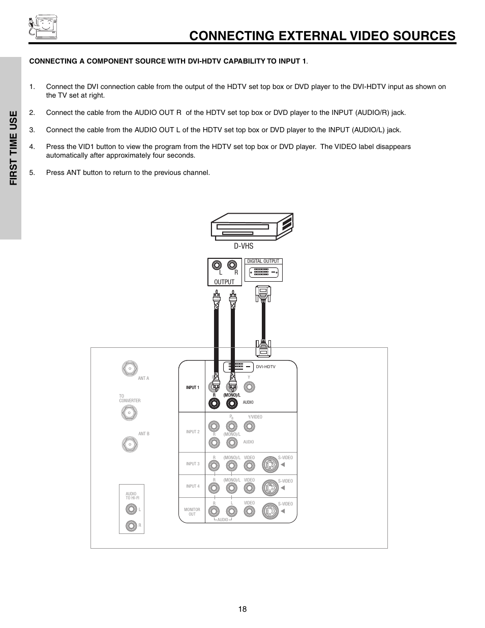 Connecting external video sources, First time use, D-vhs | Hitachi 51G500S User Manual | Page 18 / 72