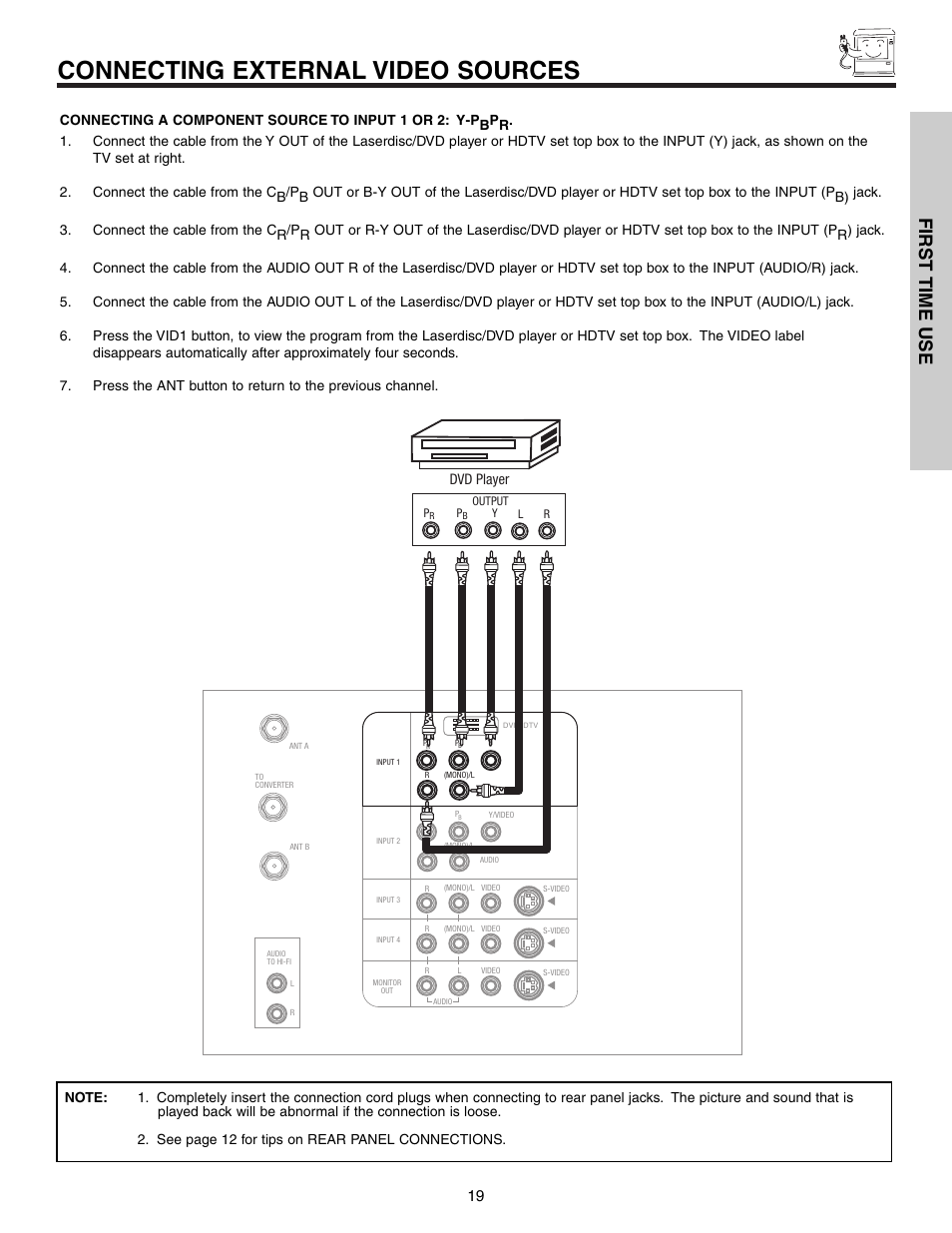 Connecting external video sources, First time use | Hitachi 51G500S User Manual | Page 19 / 72