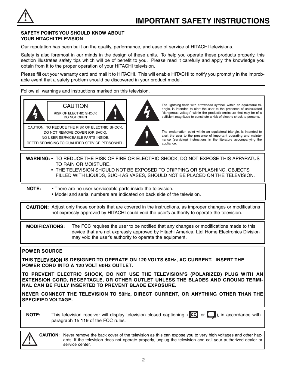 Important safety instructions, Caution | Hitachi 51G500S User Manual | Page 2 / 72