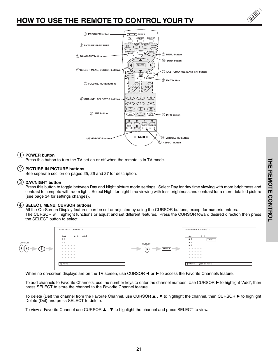 How to use the remote to control your tv, The remo te contr ol | Hitachi 51G500S User Manual | Page 21 / 72