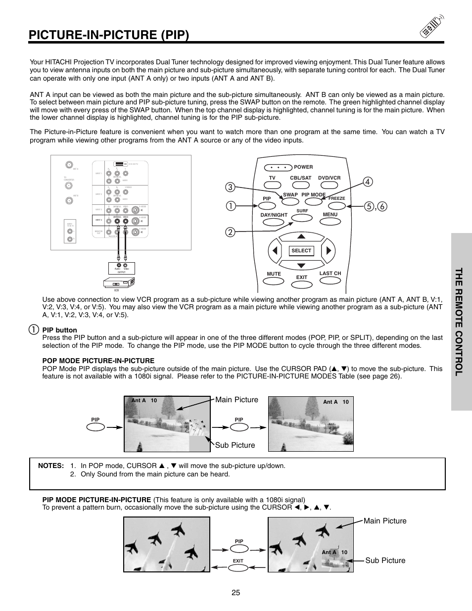 Picture-in-picture (pip), ቢቤ ብ ቦ,ቧ, The remo te contr ol | Main picture sub picture | Hitachi 51G500S User Manual | Page 25 / 72