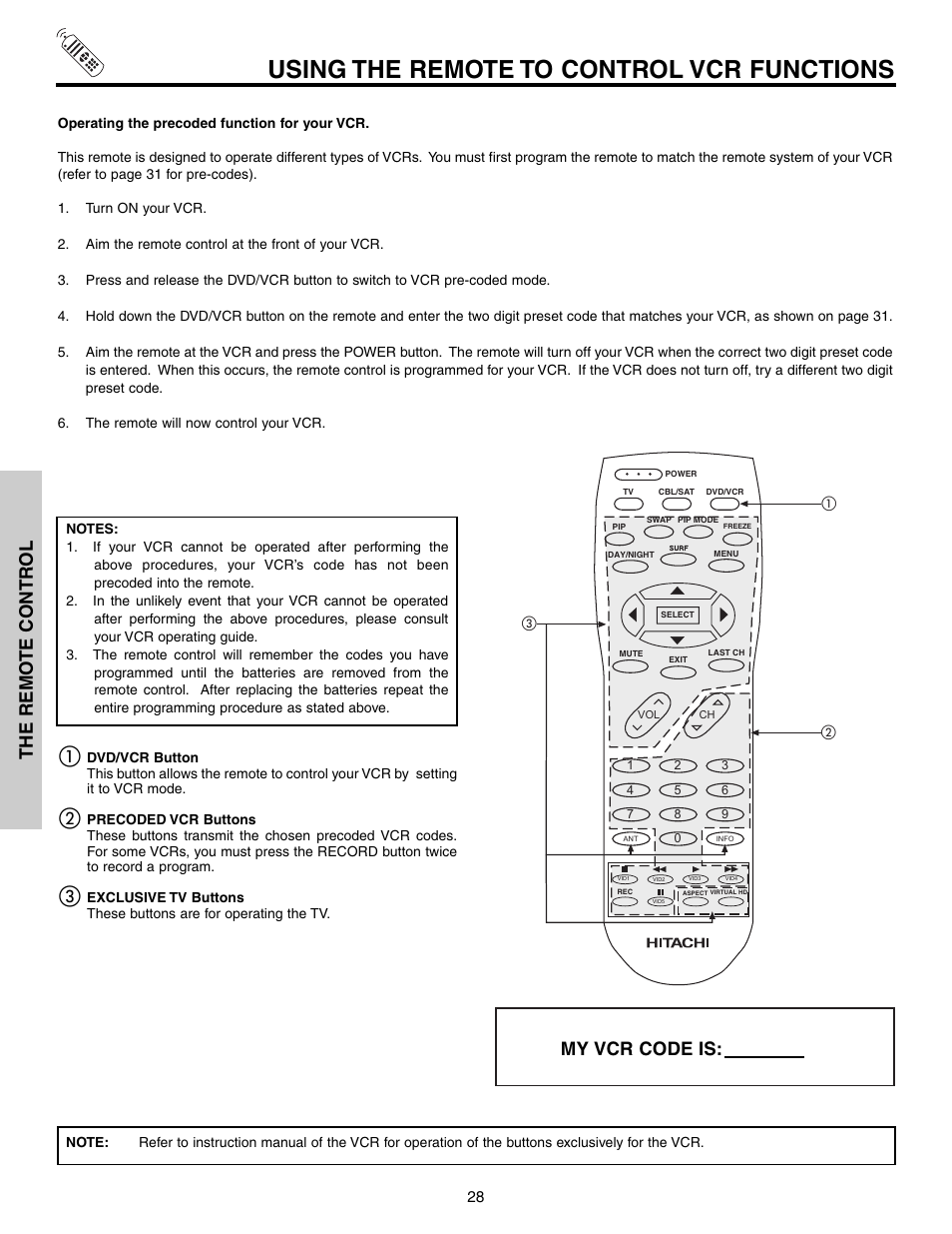 Using the remote to control vcr functions, The remo te contr ol, My vcr code is | Hitachi 51G500S User Manual | Page 28 / 72