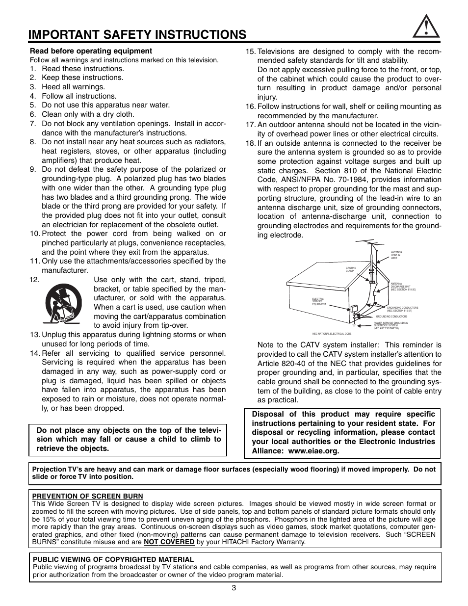 Important safety instructions | Hitachi 51G500S User Manual | Page 3 / 72